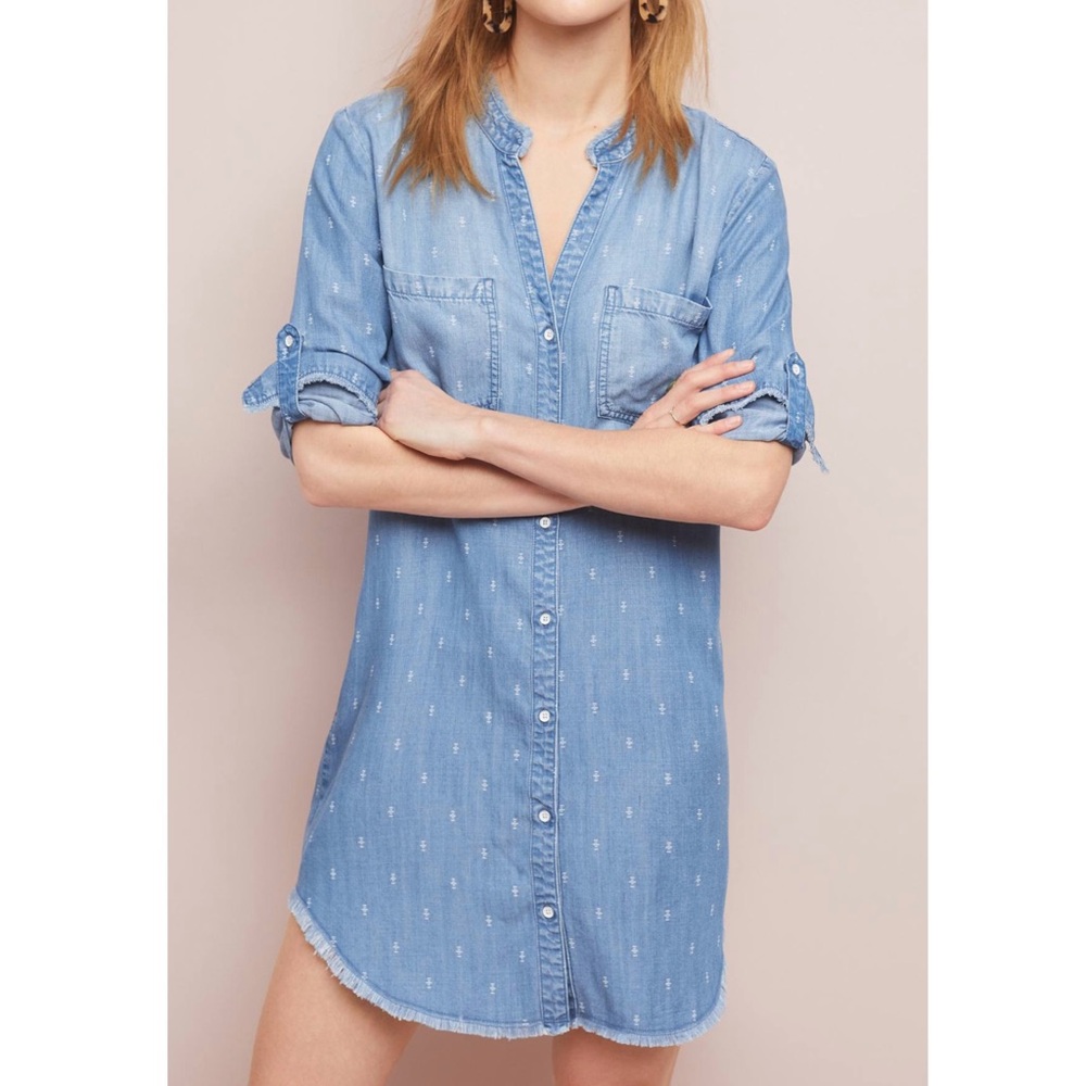 Anthropologie Fringe Hem Blue Chambray Roll Tab Sleeve Mini Shirtdress Small